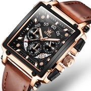 OLEVS Square Watches for Men Brown Leather Chronograph Fashion Business Watch Luminous Waterproof Casual Wrist Watches Reloj para Hombre