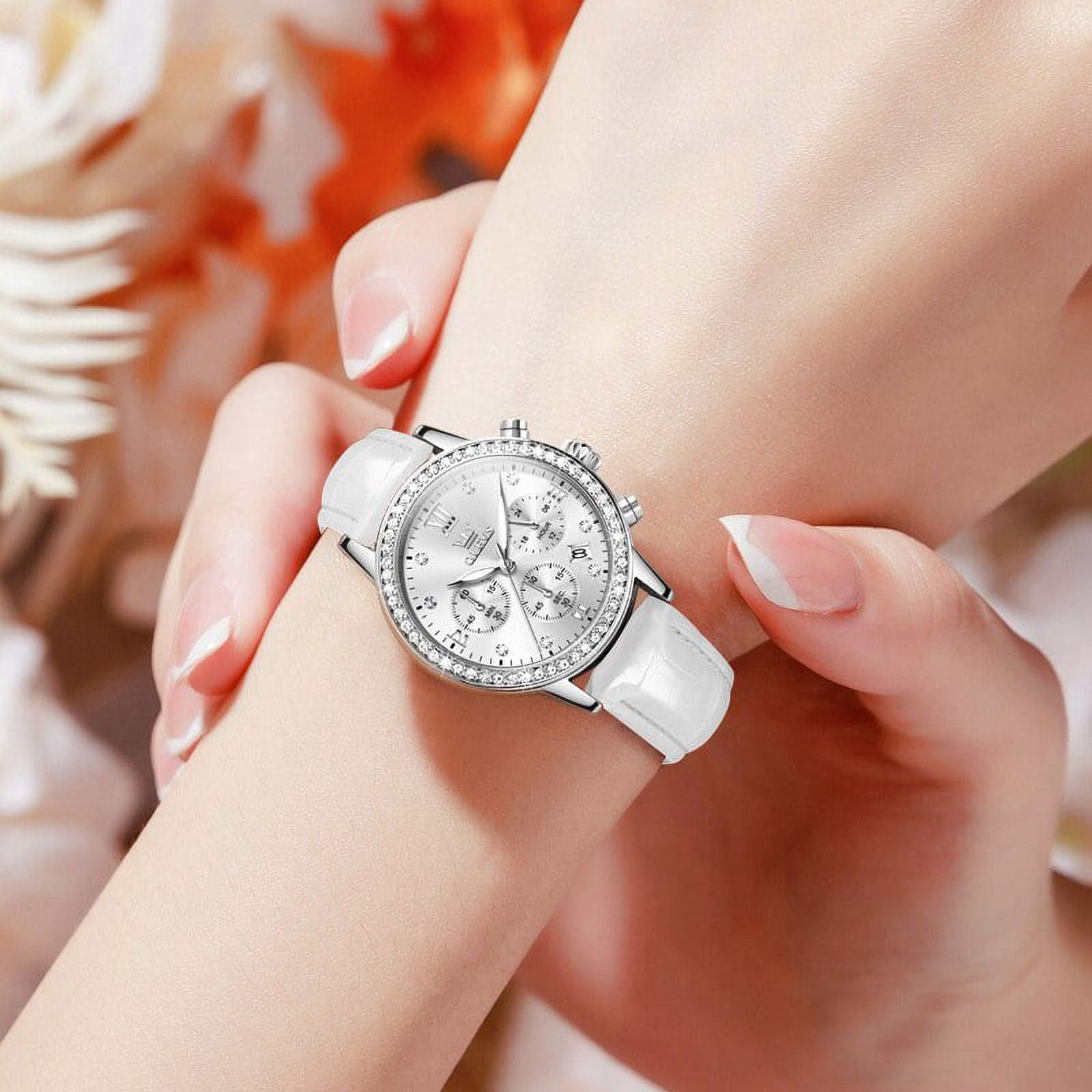 OLEVS Top Brand Women\' Watches Luxury Diamond Ladies Quartz Wristwatch  Waterproof Leather Strap Multifunction Watch for Woman