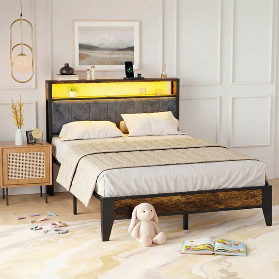 Dayago Twin Size Bed Frame, Storage Headboard with Charging Station, Solid and Stable, Noise Free, No Box Spring Needed, Easy Assembly, Rustic Brown