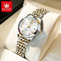 OLEVS Two Tone Womens Watches Gold Sliver Stainless Steel Strap Watches For Women Classic White Dial Watches For Ladies Elegant Date Watches Waterproof Womens Watches Fashion Roman Numeral Watches