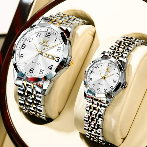 OLEVS Valentines Couple Pair Quartz Watches Luminous Calendar Date Window 3ATM Waterproof, Casual Stainless Steel His and Hers Wristwatch for Men Women Lovers Wedding Romantic Gifts Set of 2