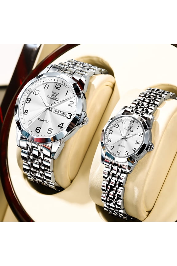 Valentines Couple Pair Quartz Watches Luminous Calendar Date Window 3ATM Waterproof, Casual Stainless Steel His and Hers Wristwatch for Men Women Lovers Wedding Romantic Gifts Set of 2