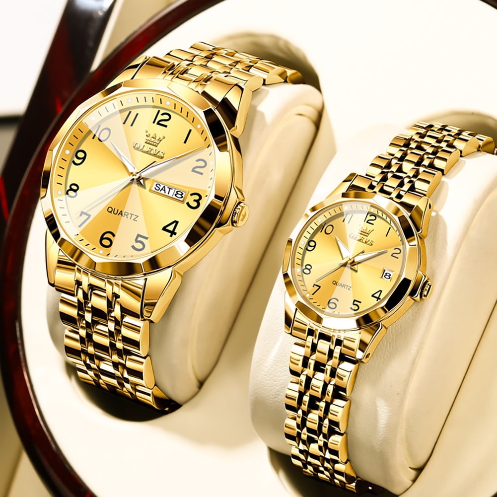 OLEVS Valentines Couple Pair Quartz Watches Luminous Calendar Date Window 3ATM Waterproof, Casual Stainless Steel His and Hers Wristwatch for Men Women Lovers Wedding Romantic Gifts Set of 2