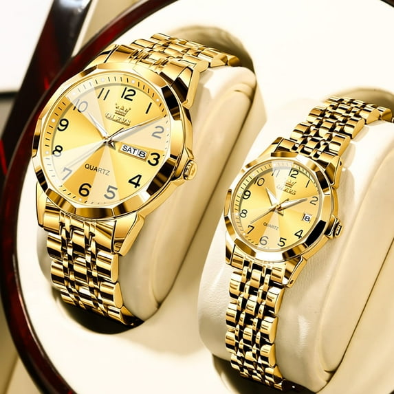 OLEVS Valentines Couple Pair Quartz Watches Luminous Calendar Date Window 3ATM Waterproof, Casual Stainless Steel His and Hers Wristwatch for Men Women Lovers Wedding Romantic Gifts Set of 2