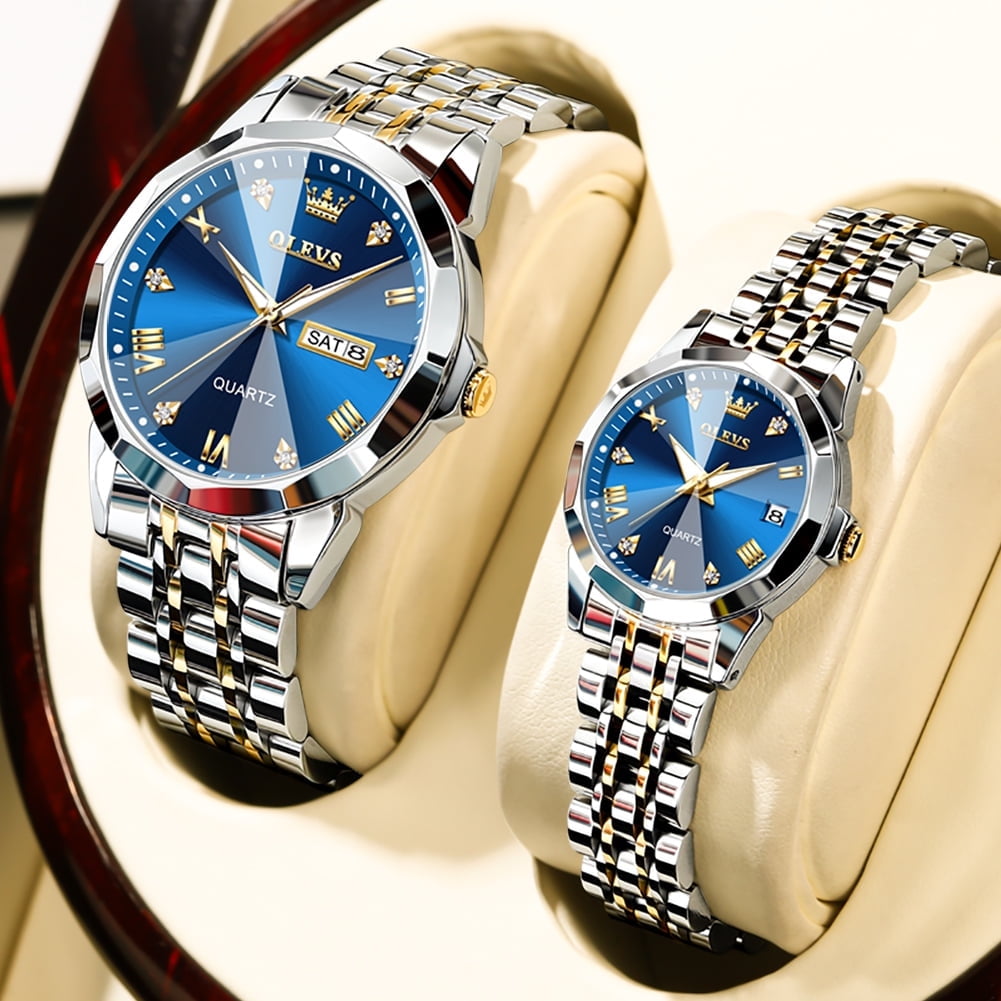 OLEVS Valentines Couple Pair Quartz Watches Luminous Calendar Date Window 3ATM Waterproof, Casual Stainless Steel His and Hers Wristwatch for Men Women Lovers Wedding Romantic Gifts Set of 2