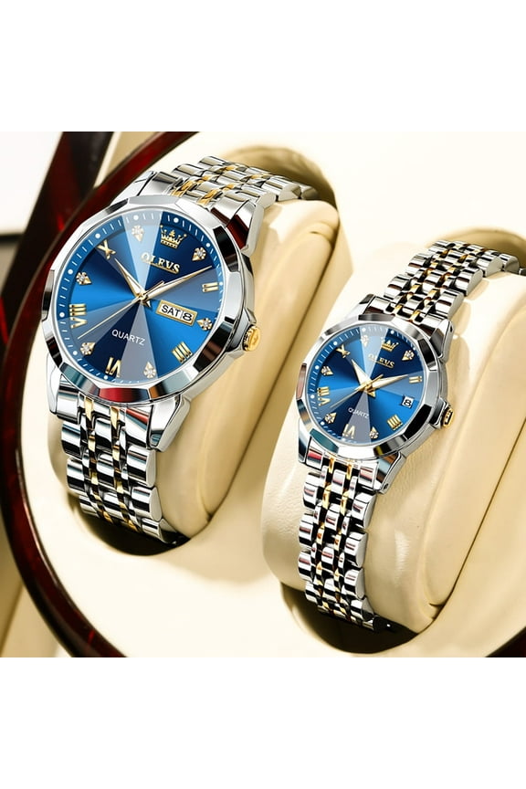 Valentines Couple Pair Quartz Watches Luminous Calendar Date Window 3ATM Waterproof, Casual Stainless Steel His and Hers Wristwatch for Men Women Lovers Wedding Romantic Gifts Set of 2