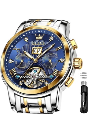Watch for Men Automatic Skeleton Tourbillon Mechanical Self Winding Business Luxury Dual Calendar Stainless Steel Luminous Waterproof Man Wrist Watches Blue Dial