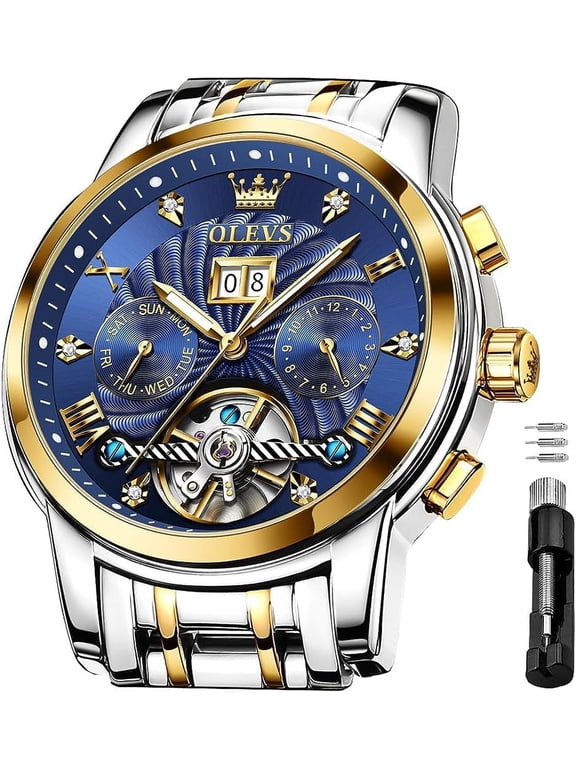 Watch for Men Automatic Skeleton Tourbillon Mechanical Self Winding Business Luxury Dual Calendar Stainless Steel Luminous Waterproof Man Wrist Watches Blue Dial