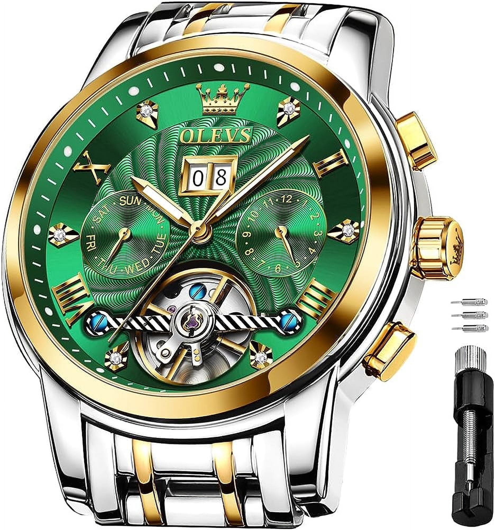 OLEVS Watch for Men Automatic Skeleton Tourbillon Mechanical Self Winding Business Luxury Dual Calendar Stainless Steel Luminous Waterproof Man Wrist Watches Green Dial