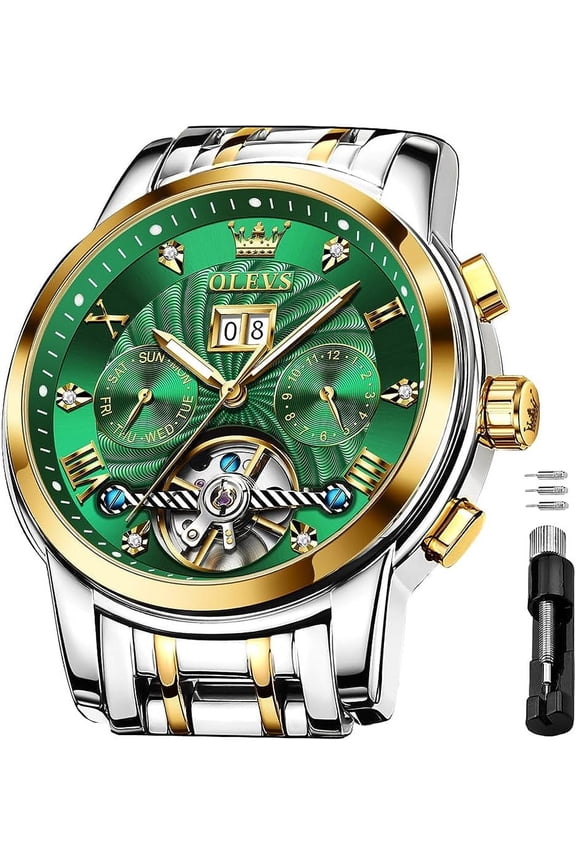 Watch for Men Automatic Skeleton Tourbillon Mechanical Self Winding Business Luxury Dual Calendar Stainless Steel Luminous Waterproof Man Wrist Watches Green Dial