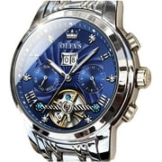 Watch for Men Automatic Skeleton Tourbillon Mechanical Self Winding Business Luxury Dual Calendar Stainless Steel Luminous Waterproof Man Wrist Watches Blue Dia