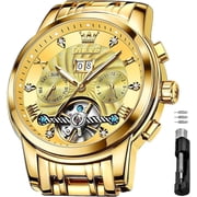 OLEVS Watch for Men Automatic Skeleton Tourbillon Mechanical Self Winding Business Luxury Dual Calendar Stainless Steel Luminous Waterproof Man Wrist Watches