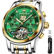 OLEVS Watch for Men Automatic Skeleton Tourbillon Mechanical Self Winding Business Luxury Dual Calendar Stainless Steel Luminous Waterproof Man Wrist Watches Green Dial