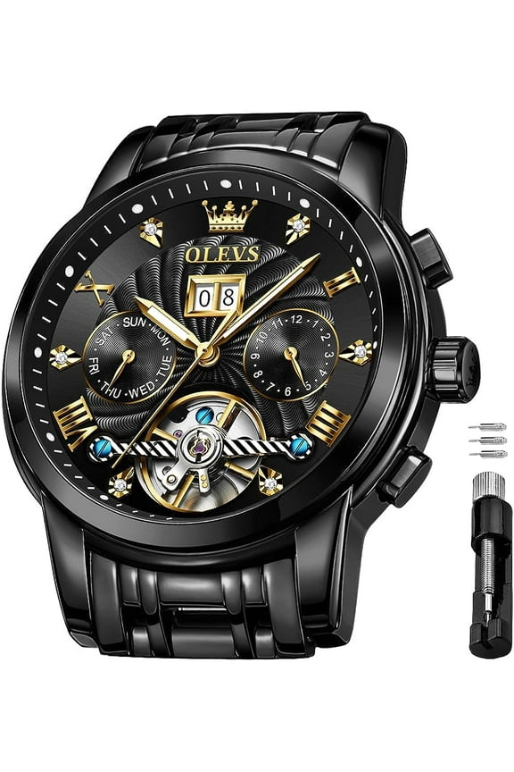 Watch for Men Automatic Skeleton Tourbillon Mechanical Self Winding Business Luxury Dual Calendar Stainless Steel Luminous Waterproof Man Wrist Watches Black Dial