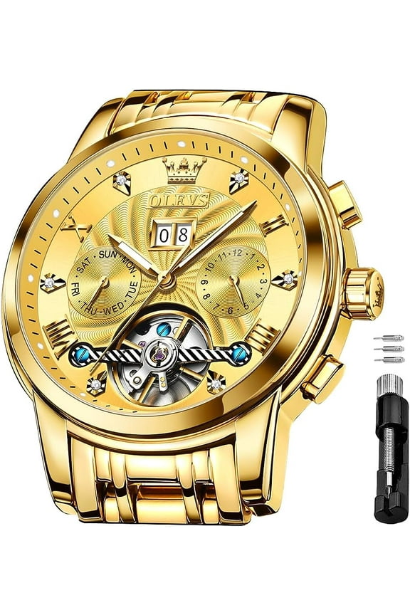 Watch for Men Automatic Skeleton Tourbillon Mechanical Self Winding Business Luxury Dual Calendar Stainless Steel Luminous Waterproof Man Wrist Watches Gold Dial