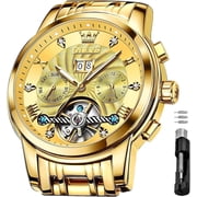 OLEVS Watch for Men Automatic Skeleton Tourbillon Mechanical Self Winding Business Luxury Dual Calendar Stainless Steel Luminous Waterproof Man Wrist Watches