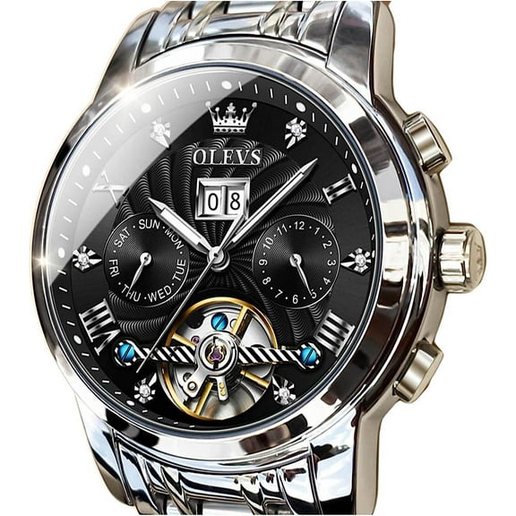 OLEVS Watch for Men Automatic Skeleton Tourbillon Mechanical Self Winding Business Luxury Dual Calendar Stainless Steel Luminous Waterproof Man Wrist Watches Black Dial