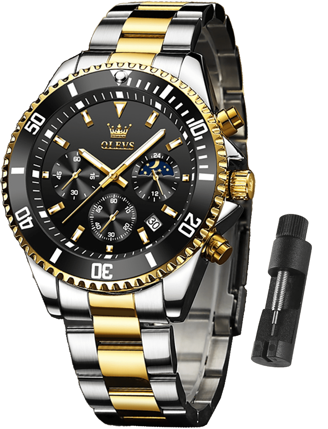OLEVS Watch for Men Black Watches for Men Gold and Silver Stainless Steel Men Watch Big Black Face Luxury Quartz Watch Men Business Men Watch Two Tone Black Easy Read Walmart