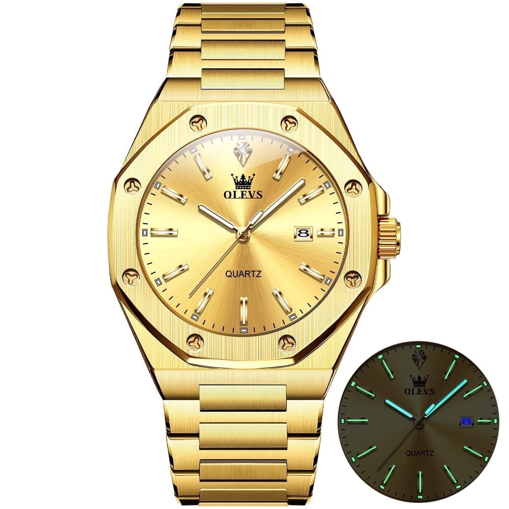 OLEVS Watch for Men Business Dress Diamond Analog Quartz Date Luxury Classic Casual Stainless Steel Waterproof Luminous Gold Mens Wrist Watches Reloj para Hombre