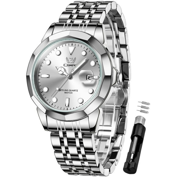 Watches for Men Stainless Steel Business Dress Luxury Big Large Face Waterproof Quartz Analog Mens Watches with Date Wrist Men Watch Reloj para Hombre (Gold/Blue/Black Dial)