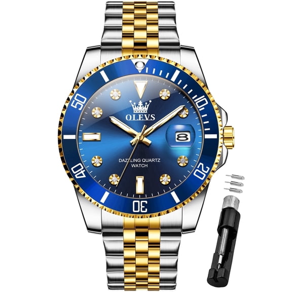 OLEVS Watch for Men Stainless Steel Business Dress Luxury Diamond Big Face Waterproof Mens Watches with Date Analog Wrist Men Watch Reloj para Hombre Blue Dial