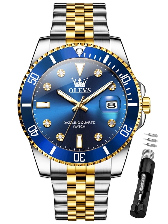 Watch for Men Stainless Steel Business Dress Luxury Diamond Big Face Waterproof Mens Watches with Date Analog Wrist Men Watch Reloj para Hombre Blue Dial