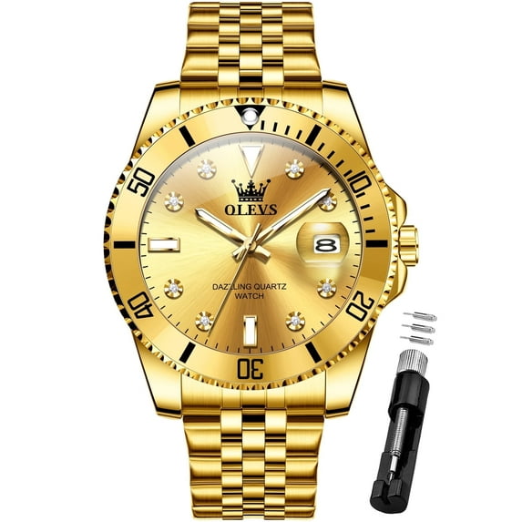 OLEVS Watch for Men Stainless Steel Business Dress Luxury Diamond Big Face Waterproof Mens Watches with Date Analog Wrist Men Watch Reloj para Hombre Gold Dial