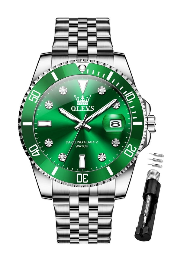Watch for Men Stainless Steel Business Dress Luxury Diamond Big Face Waterproof Mens Watches with Date Analog Wrist Men Watch Reloj para Hombre Green Dial