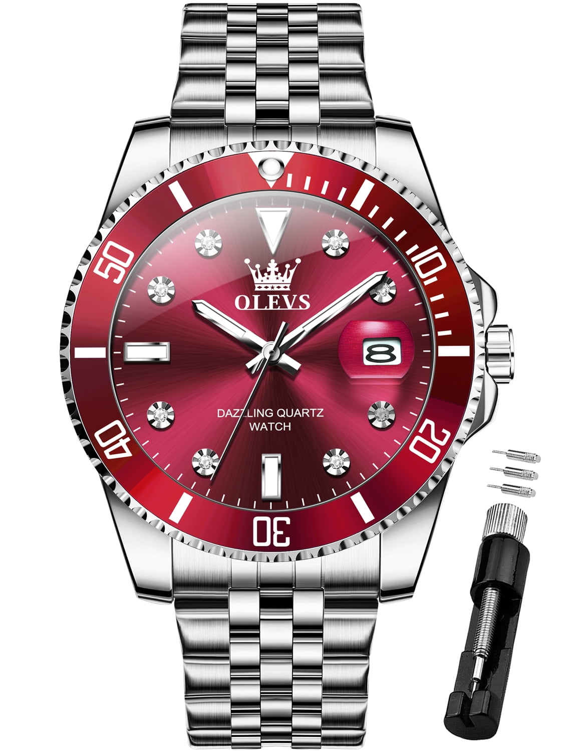 Watch for Men Stainless Steel Business Dress Luxury Diamond Big Face Waterproof Mens Watches with Date Analog Wrist Men Watch Reloj para Hombre Red Dial