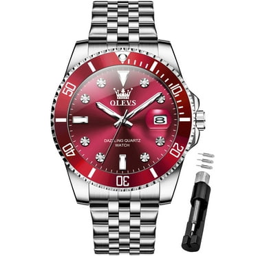 OLEVS Watch for Men Stainless Steel Business Dress Luxury Diamond Big Face Waterproof Mens Watches with Date Analog Wrist Men Watch Reloj para Hombre Red Dial