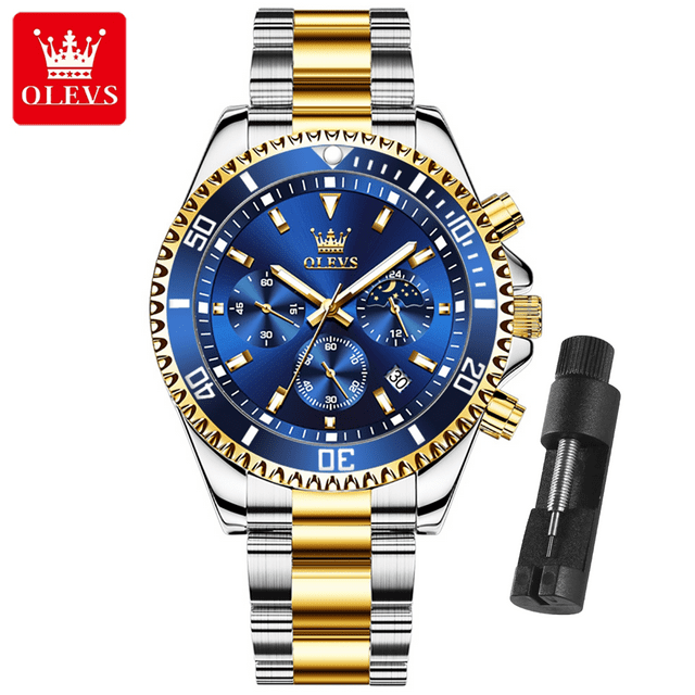 OLEVS Watch for Men Blue Watches for Men Gold and Silver Stainless Steel Men Watch Big Blue Face