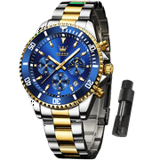 OLEVS Watch for Men Blue Watches for Men Gold and Silver Stainless Steel Men Watch Big Blue Face Luxury Quartz Watch Men Business Men Watch with Date