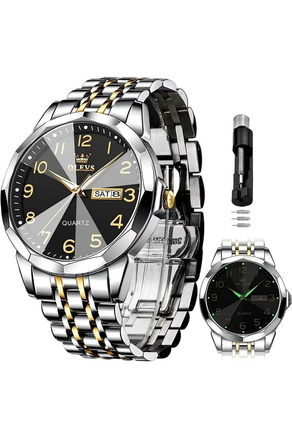 Watch for Men Business Dress Diamond Analog Quartz Date Luxury Classic Stainless Steel Waterproof Luminous Two Tone Wrist Watch Black Dial