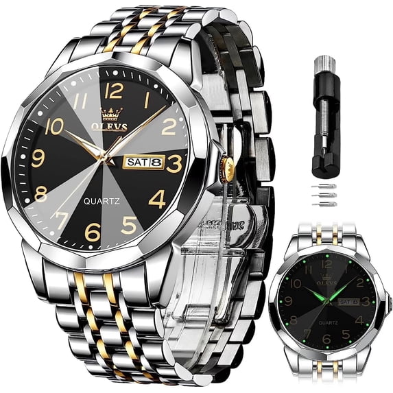 OLEVS Watch for Men Business Dress Diamond Analog Quartz Date Luxury Classic Stainless Steel Waterproof Luminous Two Tone Wrist Watch Black Dial