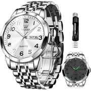 OLEVS Watch for Men Business Dress Diamond Analog Quartz Date Luxury Classic Stainless Steel Waterproof Luminous Two Tone Wrist Watch Silver