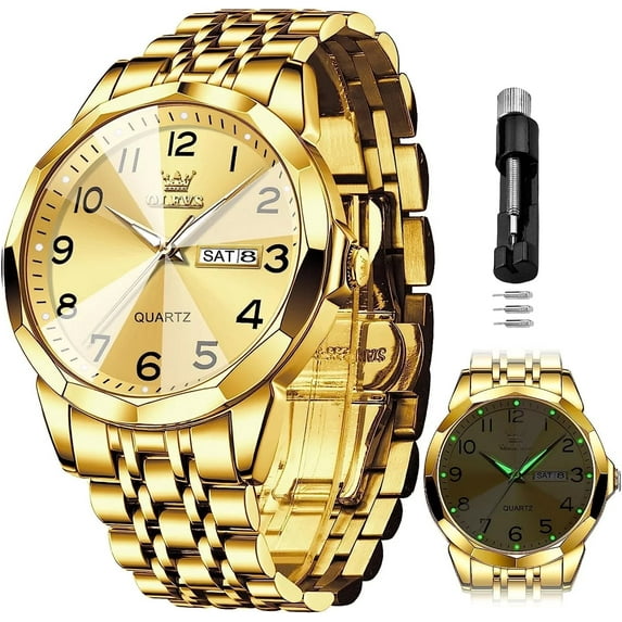 OLEVS Watch for Men Business Dress Diamond Analog Quartz Date Luxury Classic Stainless Steel Waterproof Luminous Wrist Watch Gold Dial