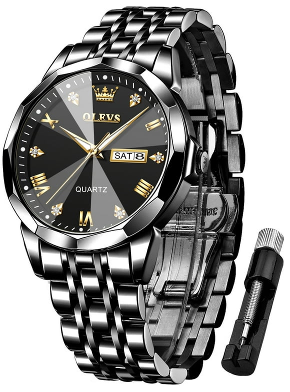 OLEVS Watch for Men Diamond Business Dress Analog Quartz Stainless Steel Waterproof Luminous Date Luxury Casual Wrist Watch Black Dial