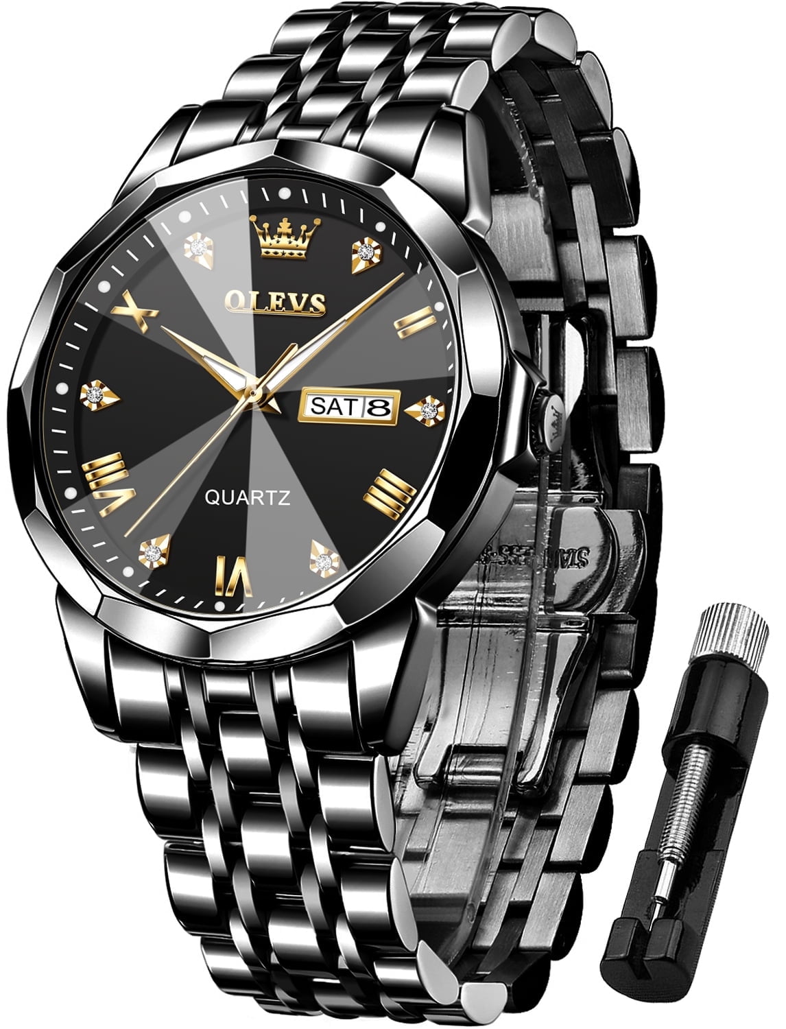 OLEVS Watch for Men Diamond Business Dress Analog Quartz Stainless Steel Waterproof Luminous Date Luxury Casual Wrist Watch Black Dial