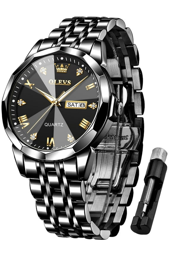 Watch for Men Diamond Business Dress Analog Quartz Stainless Steel Waterproof Luminous Date Luxury Casual Wrist Watch Black Dial