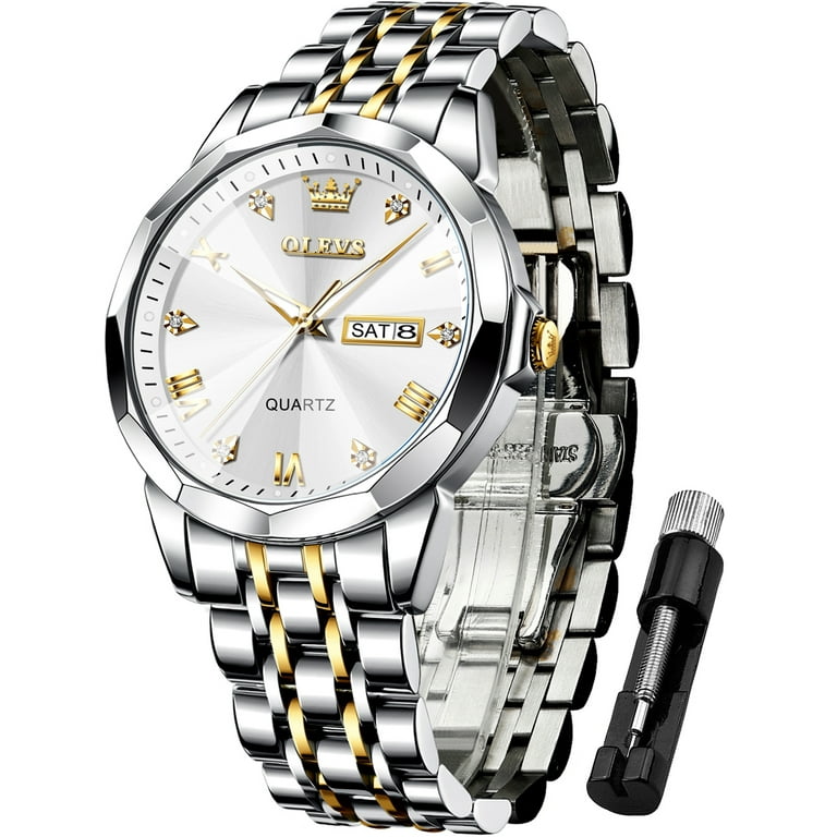 OLEVS Watch for Men Diamond Business Dress Analog Quartz Stainless Steel  Waterproof Luminous Date Two Tone Luxury Casual Wrist Watch