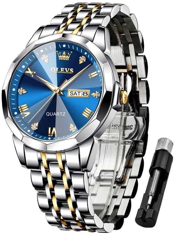 Watch for Men Diamond Business Dress Analog Quartz Stainless Steel Waterproof Luminous Date Two Tone Luxury Casual Wrist Watch
