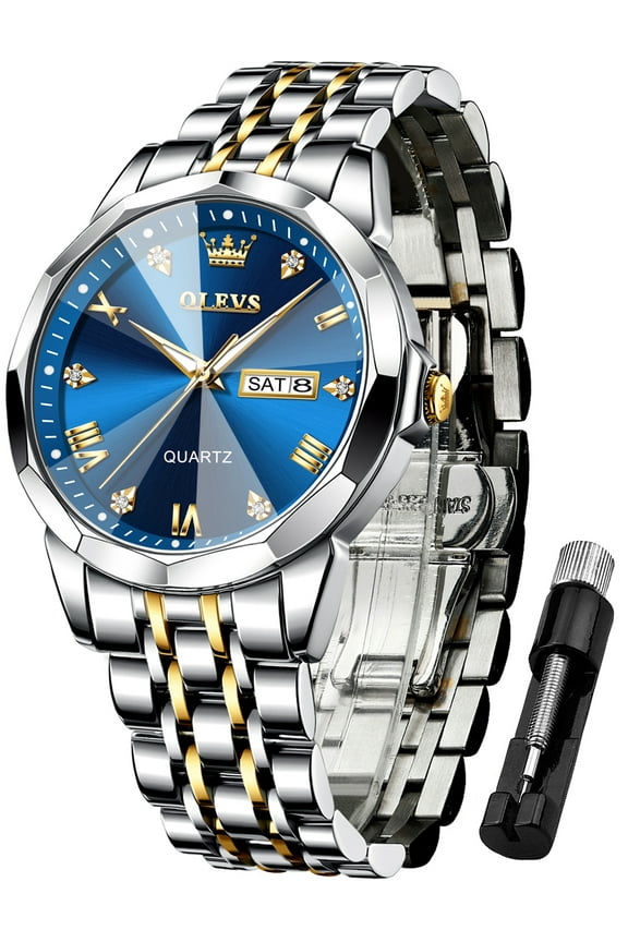 Watch for Men Diamond Business Dress Analog Quartz Stainless Steel Waterproof Luminous Date Two Tone Luxury Casual Wrist Watch