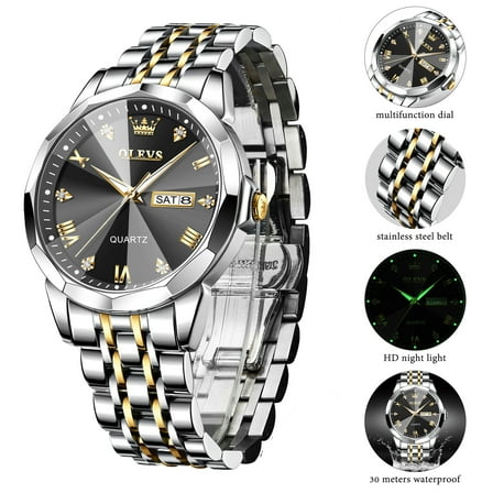 OLEVS Watches for Men Business Dress Analog Quartz Two Tone Gold Plated Stainless Steel Classic Waterproof Luminous Date Casual Mens Wrist Watches Reloj Para Hombre