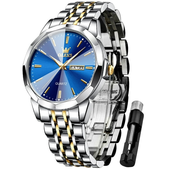 OLEVS Watches for Men Analog Quartz Dress Business Watch Day Date Stainless Steel Classic Casual Luxury Luminous Waterproof Male Mens Wrist Watches Reloj para Hombre Blue Dial