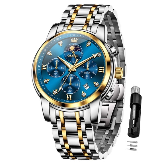 OLEVS Watches for Men Analog Quartz Luxury Dress Moon Phase Chronograph Stainless Steel Casual Multi Calendar Waterproof Luminous Roman Numeral Date Big Face Men Wrist Watches Reloj Para Hombre