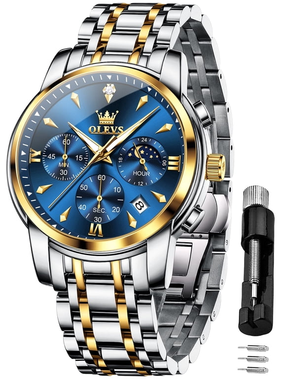 Watches for Men Big Face Stainless Steel Analog Quartz Business Dress Moon Phase Waterproof Casual Chronograph Gold Plated Luminous Date Two-tone Classic Mens Wrist Watches Reloj Para Hombre