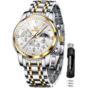 OLEVS Watches for Men Big Face Stainless Steel Analog Quartz Business Dress Moon Phase Waterproof Casual Chronograph Gold Plated Luminous Date Two-tone Classic Mens Wrist Watches Reloj Para Hombre