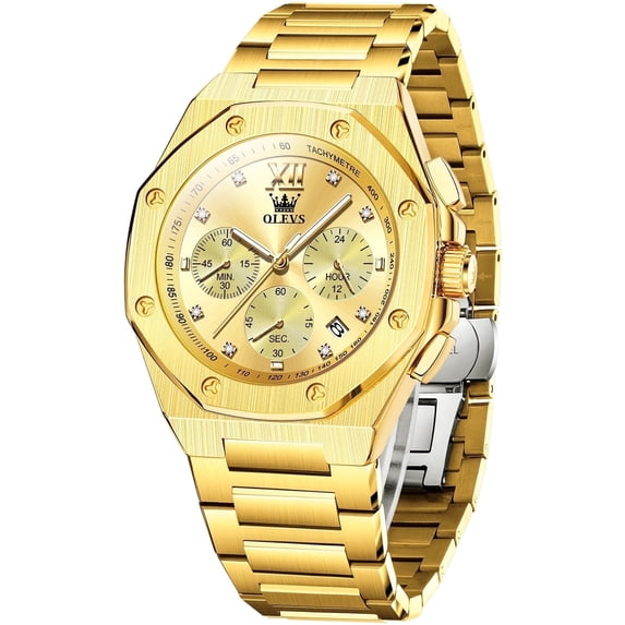 OLEVS Watches for Men Business Dress Analog Quartz Chronograph Gold Plated Stainless Steel Waterproof Luminous Date Classic Mens Wrist Watches Reloj Para Hombre