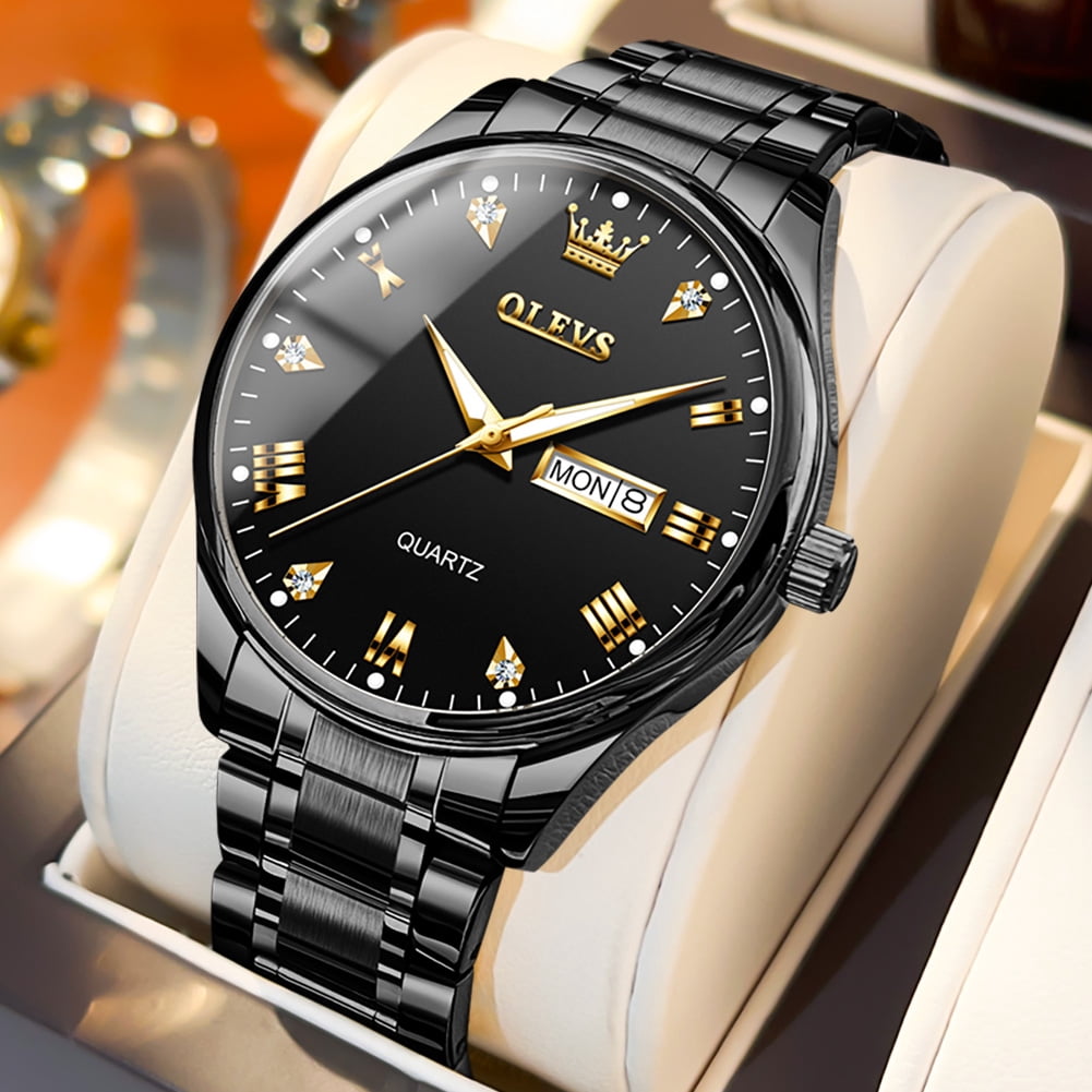 OLEVS Watches for Men Business Dress Analog Quartz Luxury Black Stainless Steel Waterproof Luminous Classic with Date Mens Wrist Watches Reloj para Hombre