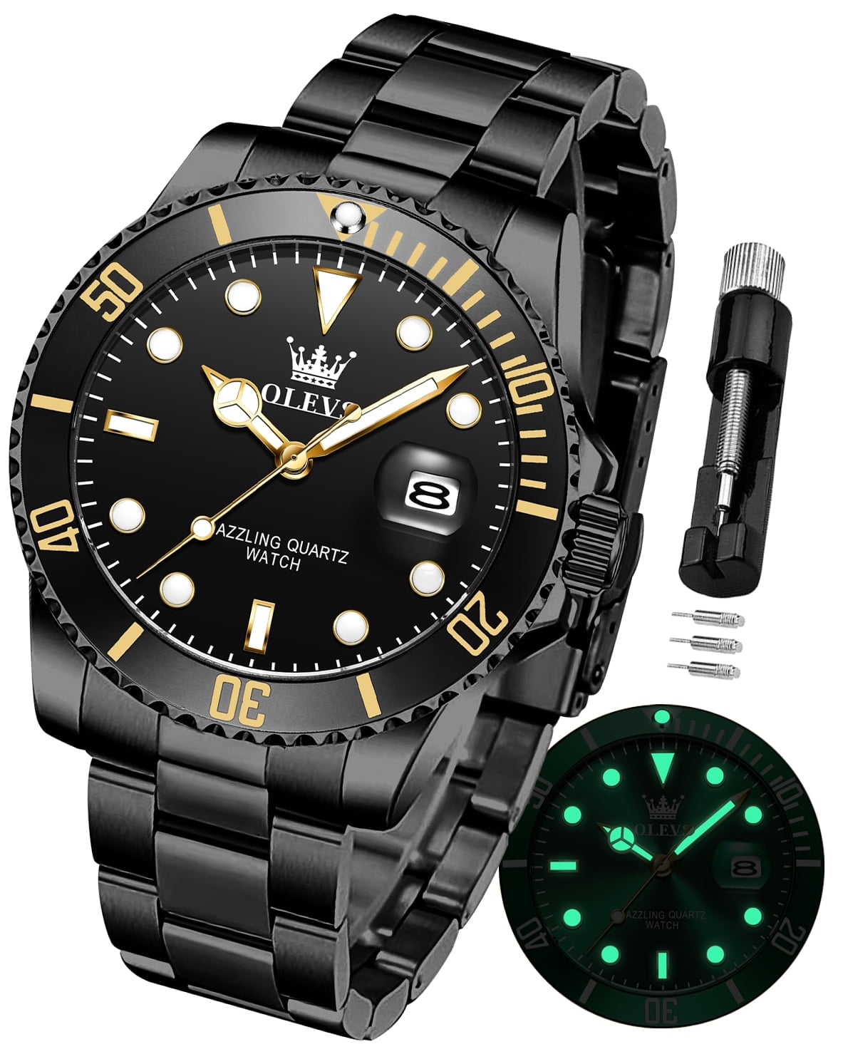 OLEVS Watches for Men Business Dress Luxury Casual Analog Quartz Stainless Steel Waterproof Luminous Date Men Wrist Watches reloj para hombre Black Dial